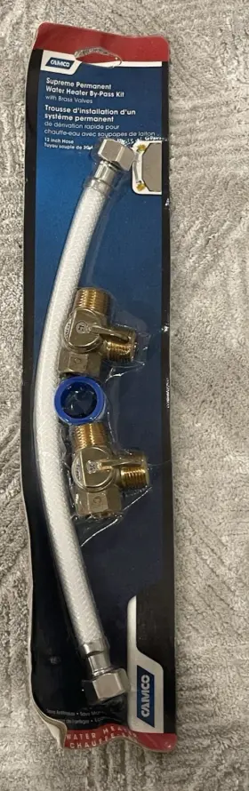 35963 Camco Supreme Permanent Water Heater By-pass Kit 12 Inch Hose Brass Valves 35963 Camco Supreme Permanent Water Heater By-pass Kit 12 Inch Hose Brass Valves