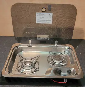 2br-1066051 Dometic Gas Cooktop 2 Burner With Glass Cover Rv Camper Van Teardrop 2br-1066051 Dometic Gas Cooktop 2 Burner With Glass Cover Rv Camper Van Teardrop