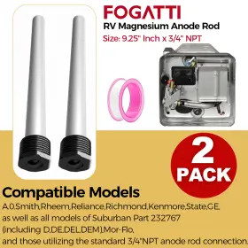 Fsar19-a2 Fogatti 2pcs Rv Magnesium Anode Rod 9.25 Inch Lnch X 3/4 Npt Threads Perfect For Suburban