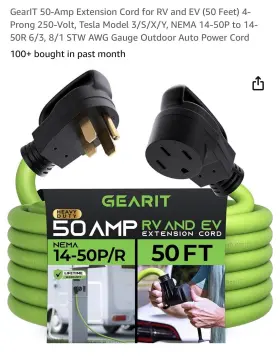 Gi-ext-1450p-1450r-50f Gearit 50 Amp Extension Cord For Rv And Ev 4 Prong 250 Volt Tesla Model 3/s/x/y Gi-ext-1450p-1450r-50f Gearit 50 Amp Extension Cord For Rv And Ev 4 Prong 250 Volt Tesla Model 3/s/x/y