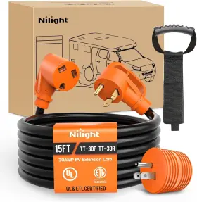 Nilight 840323939621 15ft 30amp Rv Extension Cord With Adapter 15amp To 125v 10/3 Gauge