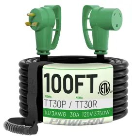 Ml-30a Powgrn 30a Rv Extension Cord 100ft 10/3 Stw Tt30p To Tt30r Heavy Duty Waterproof