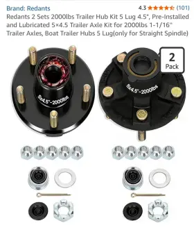 3646944 Redant Set Of 2 Trailer Hub Bearing Assembly 5 On 4.5 Inch For 2000lb 1 Or 1-1/16 Spindle