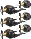3 Pack Exterior Door Lever Lockset With Single Cylinder Deadbolt Black Hand. Fixed Price $127.99.