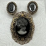 Vintage 1950 Unique Black Cameo Set Brooch(pendant) , Earrings #416. Fixed Price $135.00.
